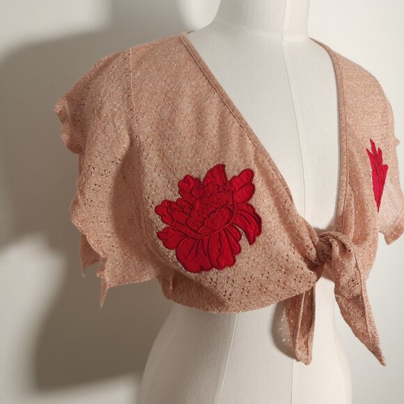 Aniye By Pink Sheer Shrug with Red Rose Patch Tie Front Coquette Feminine Size S - Picture 2 of 7